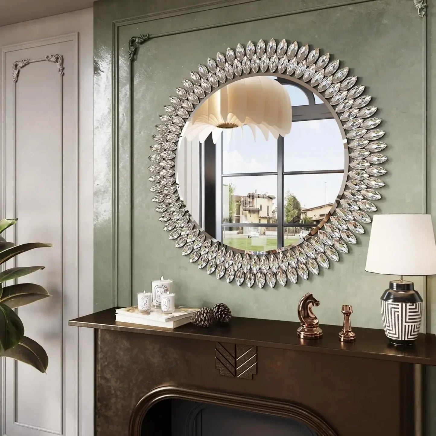 Aria Modern Jeweled Round Wall Mirror – 32"