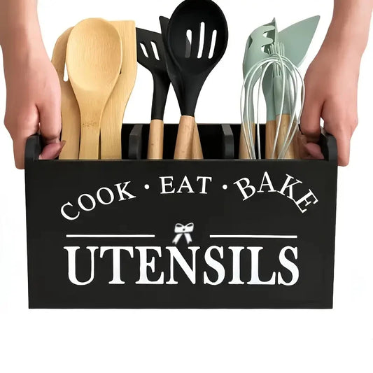 Solid Wood Kitchen Utensil Holder with Divider T