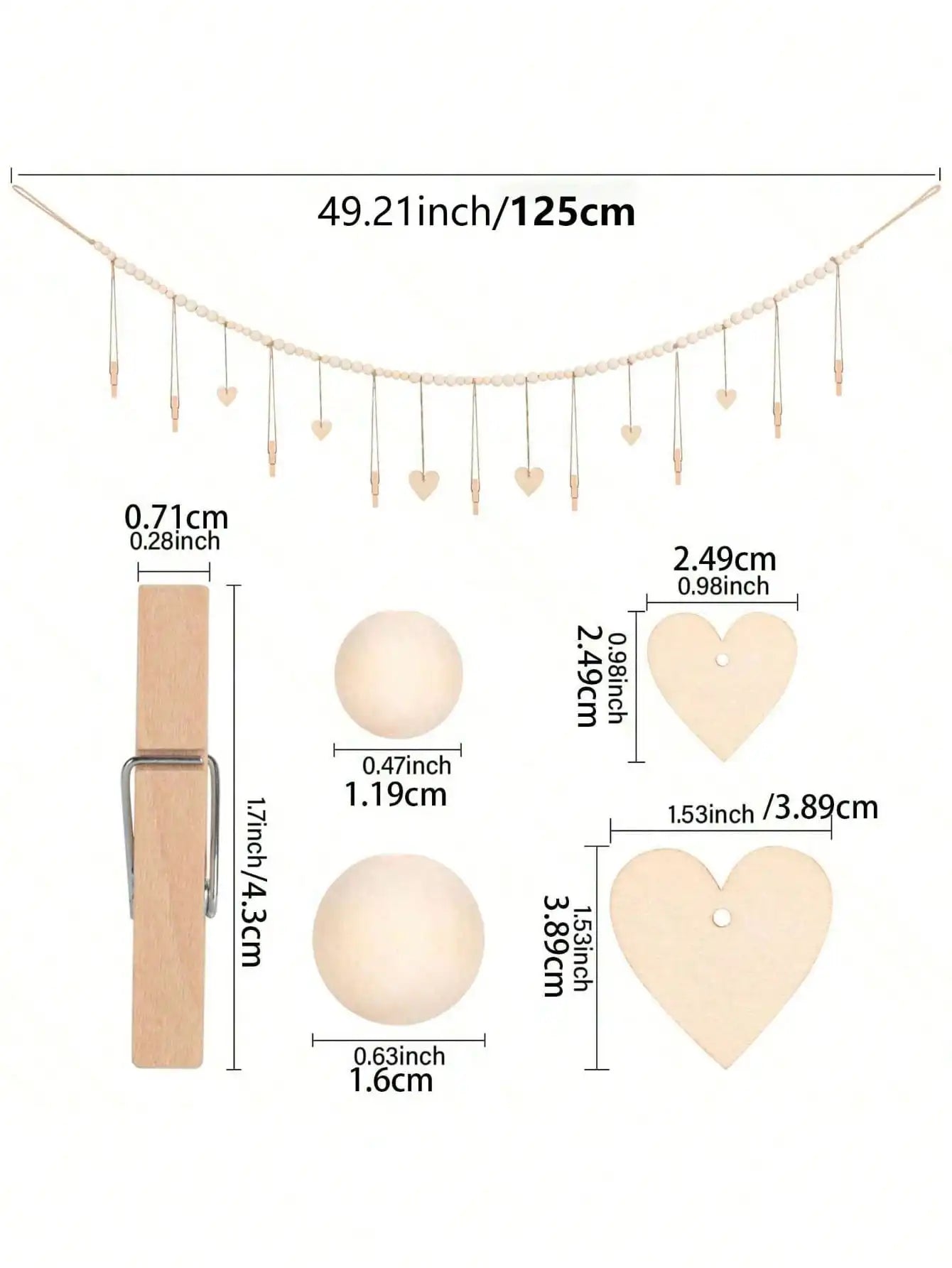 Wooden Bead Photo Garland with Heart Clips – Boho Hanging Picture Display for Bedroom, Dorm & Home Décor