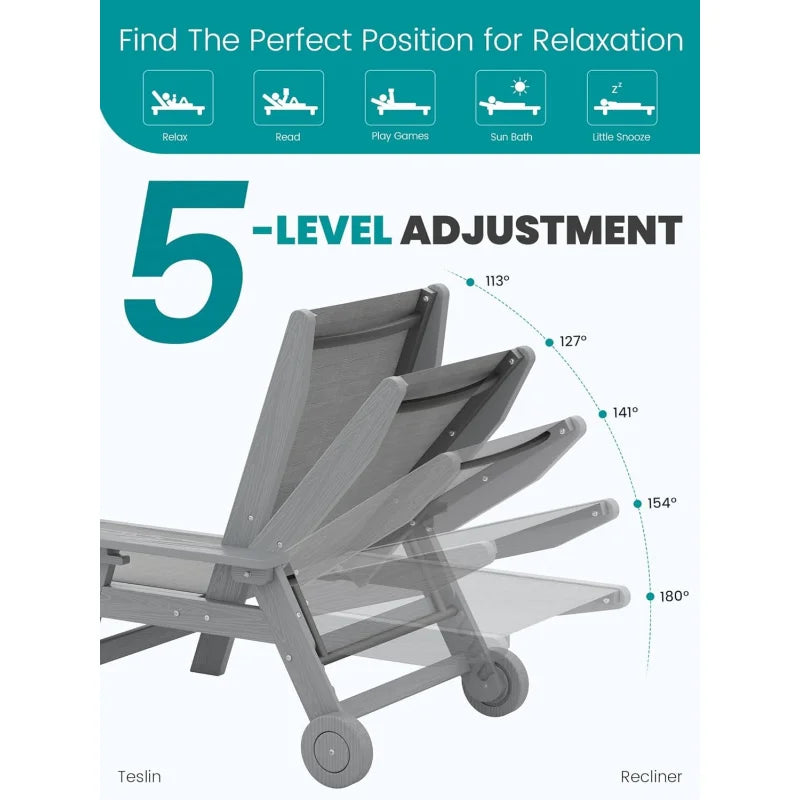 Patio Chaise Lounge Chair Set of 2, 5 Positions, Outdoor Lounger with Rolling Wheels