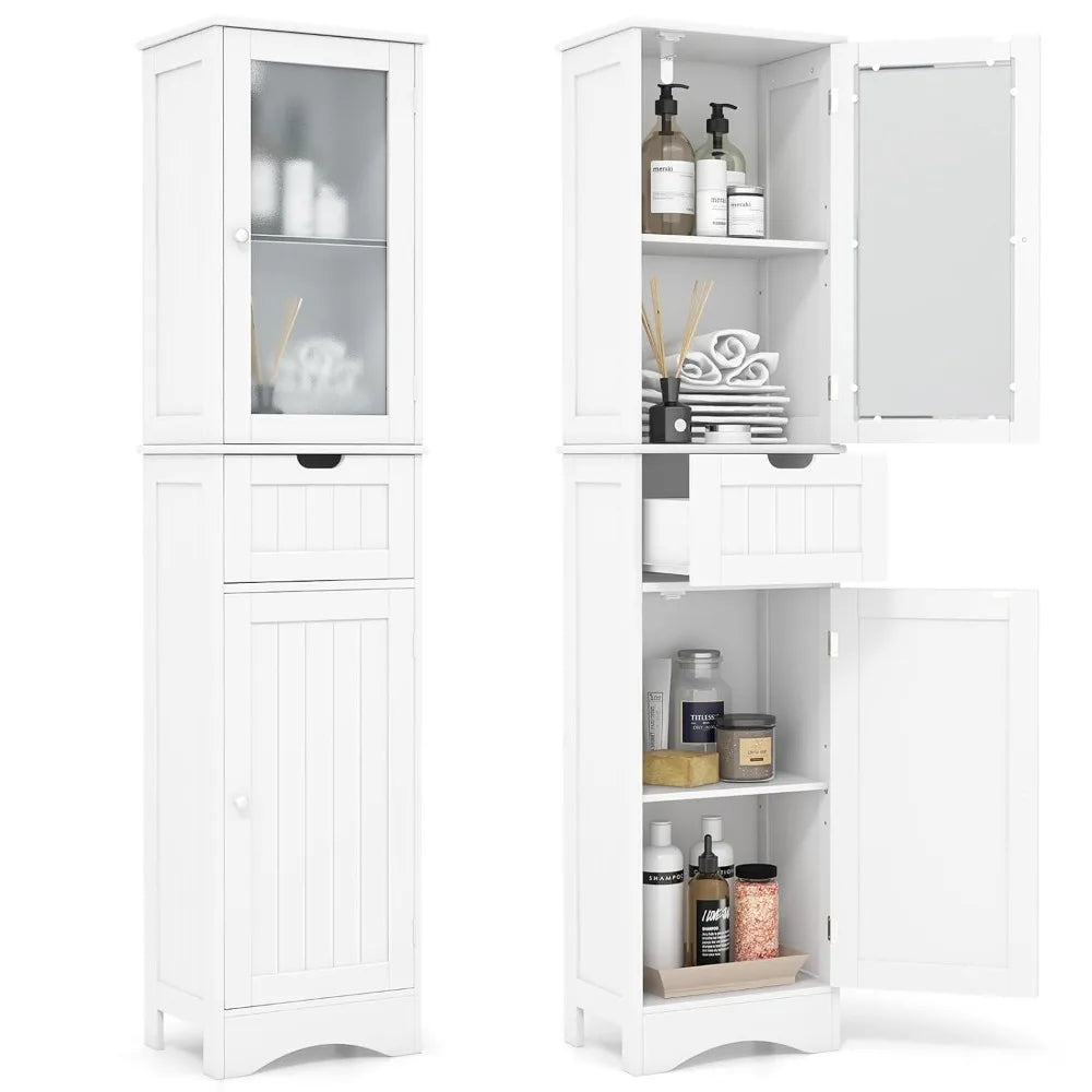 67" Tall Bathroom Storage Cabinet, Slim Freestanding W/ 2 Doors & 1 Drawer