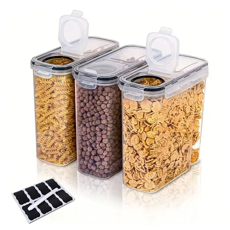 Set of 3 - 2.5L/4L Sealed Grain Storage Containers Clear for Kitchen Storage - Fresh-keeping Buckets with Pen Labels