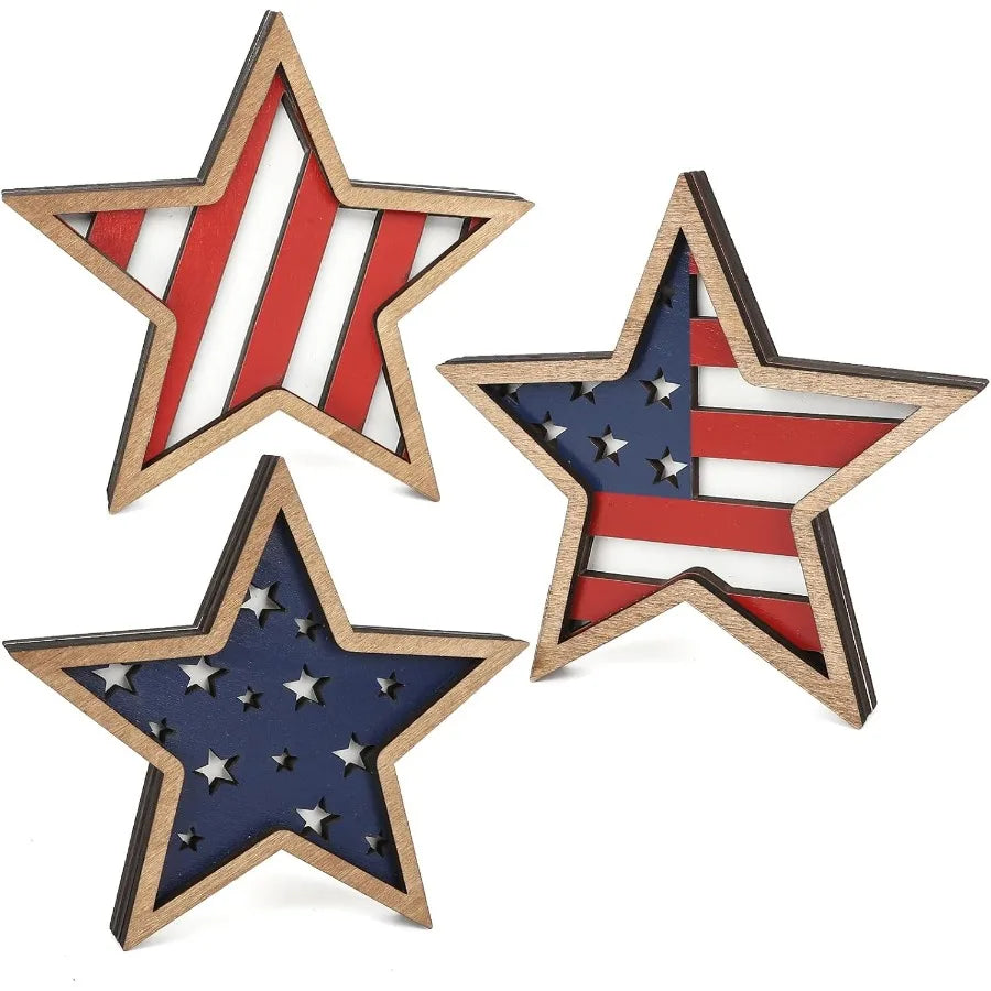 4th of July Wooden Tiered Tray Décor – Set of 3 Patriotic Red, White & Blue Pieces