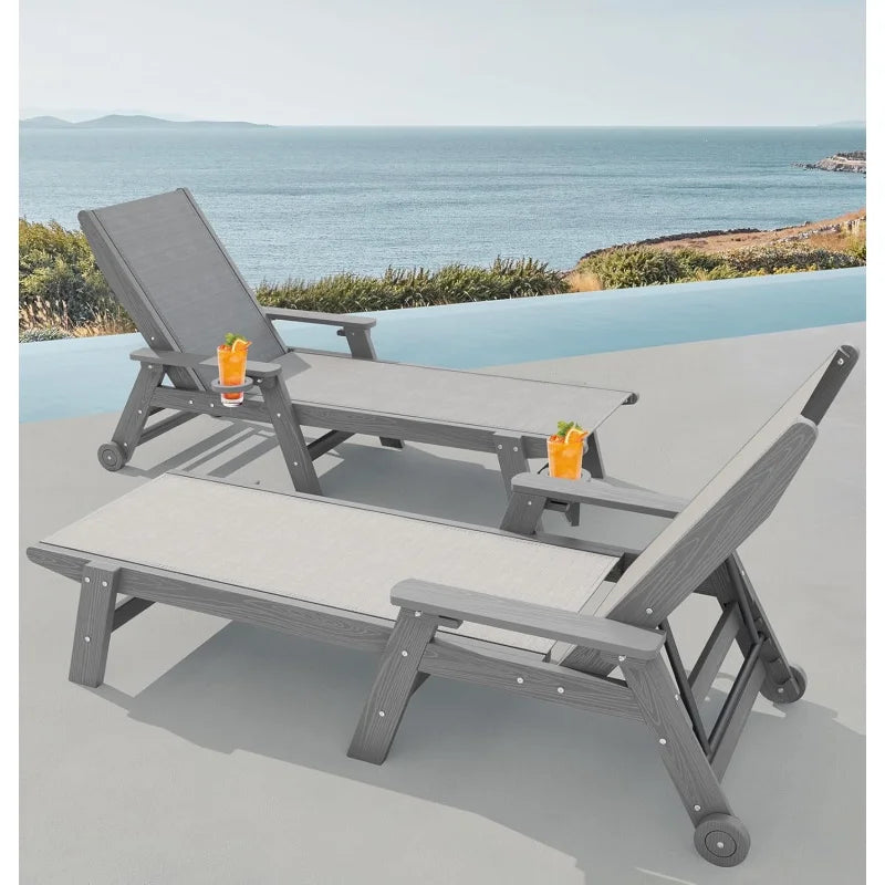 Patio Chaise Lounge Chair Set of 2, 5 Positions, Outdoor Lounger with Rolling Wheels