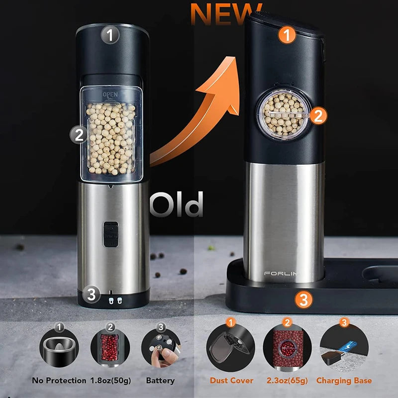 Gravity Electric Salt and Pepper Grinder Set Large Capacity Rechargeable Automatic One Hand Operated Kitchen Tool