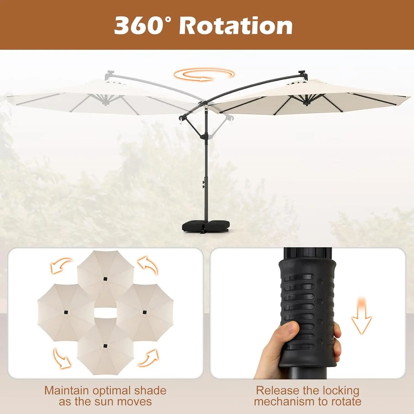 10FT Solar Cantilever Patio Umbrella with Base – Offset Umbrella with 32 LED Lights & Infinite Tilt
