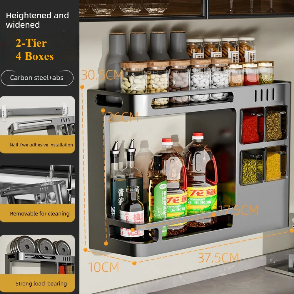 No‑Drill Wall‑Mounted Spice Rack – Carbon Steel Pull‑Out Seasoning Organizer for Kitchen