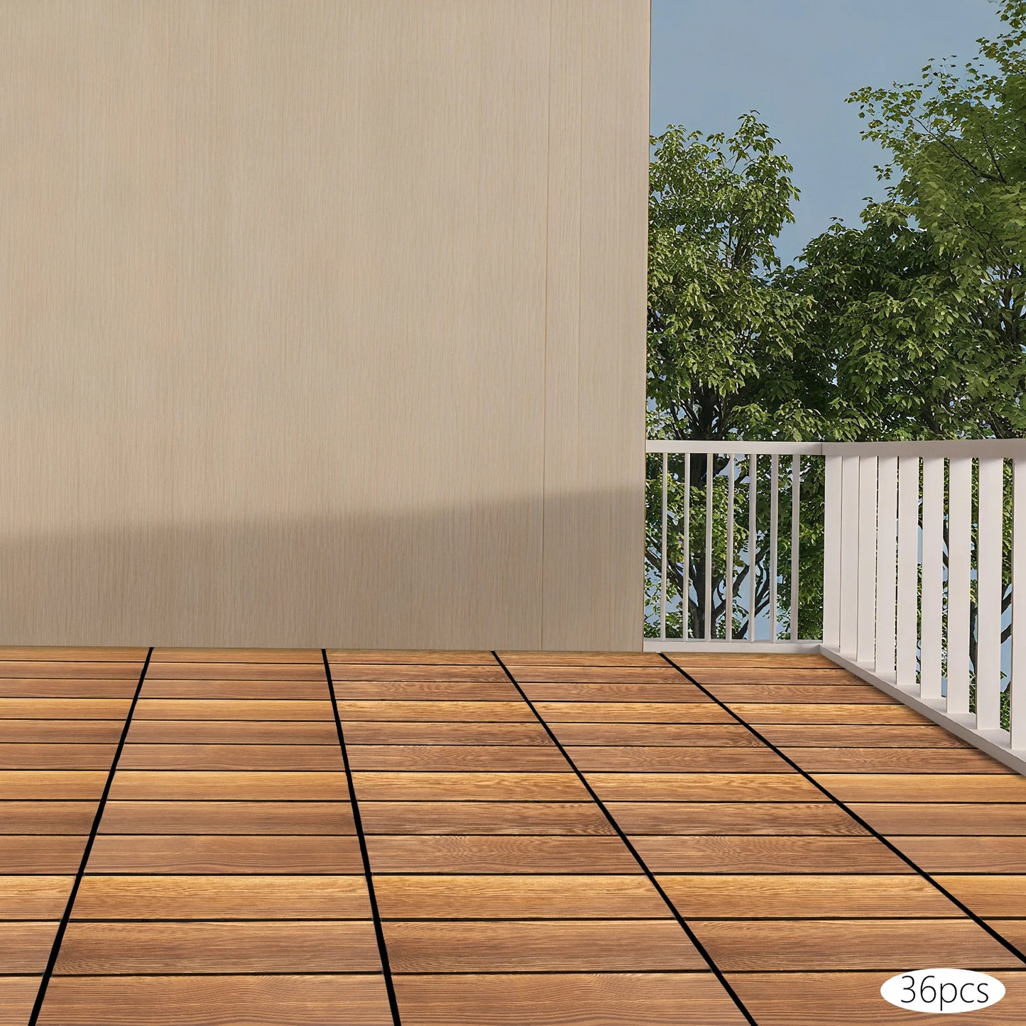 36‑Pack 12" x 12" Hardwood Interlocking Patio Deck Tiles – Natural Wood Outdoor Flooring for Patios, Balconies & Walkways