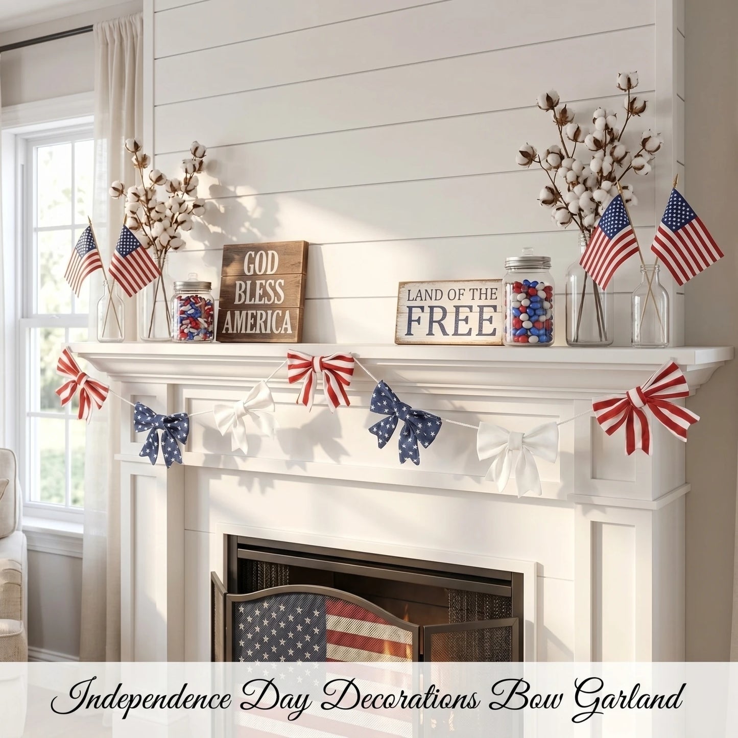 Independence Day Patriotic Bow Garland with Star and Stripe Pattern Decorative Hanging Bows for Party Decor