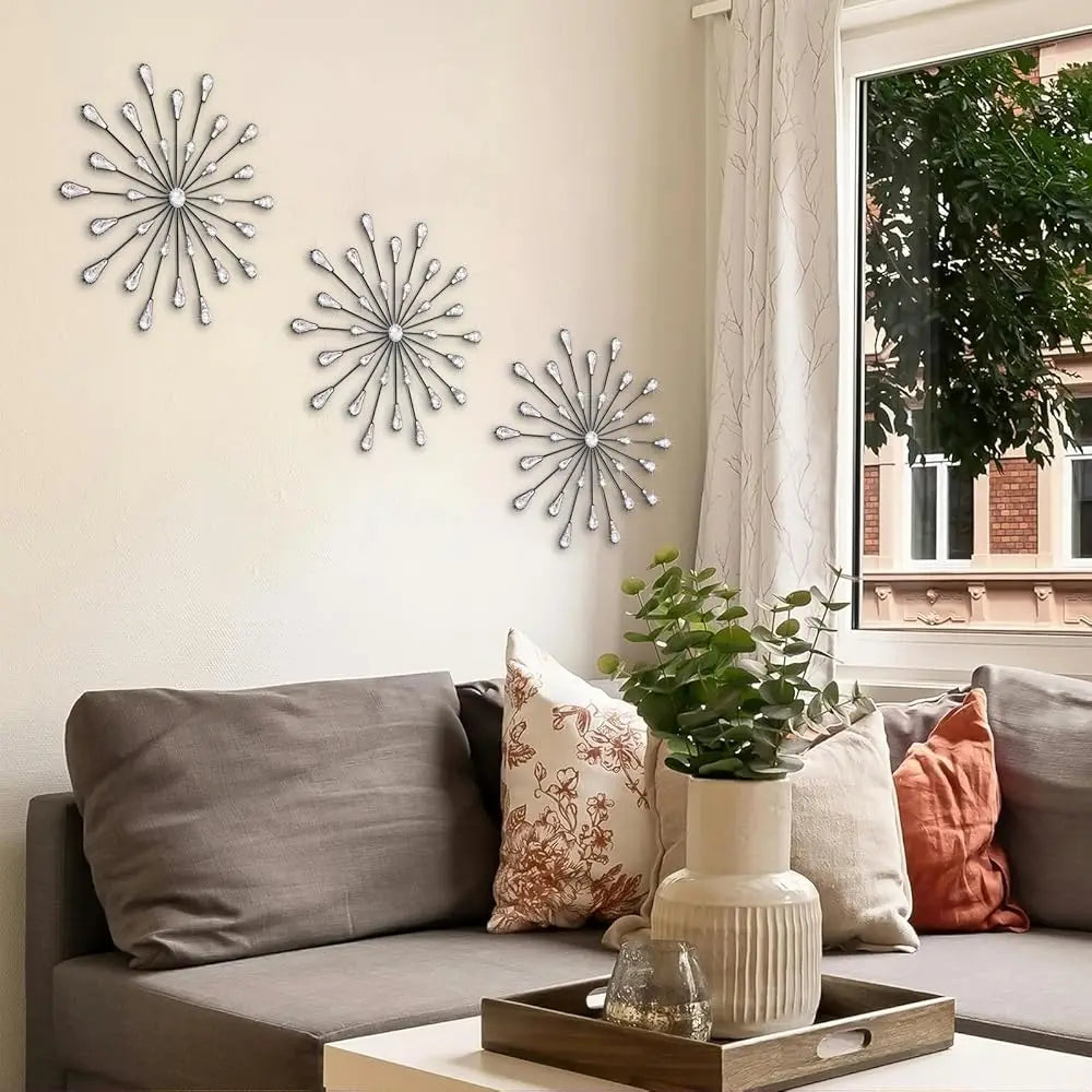 Crystal Home Décor Rhinestone Sun Star Wall Hanging Diamond Accents 18x18. 3 Set Metal Jeweled Wall Art Bling