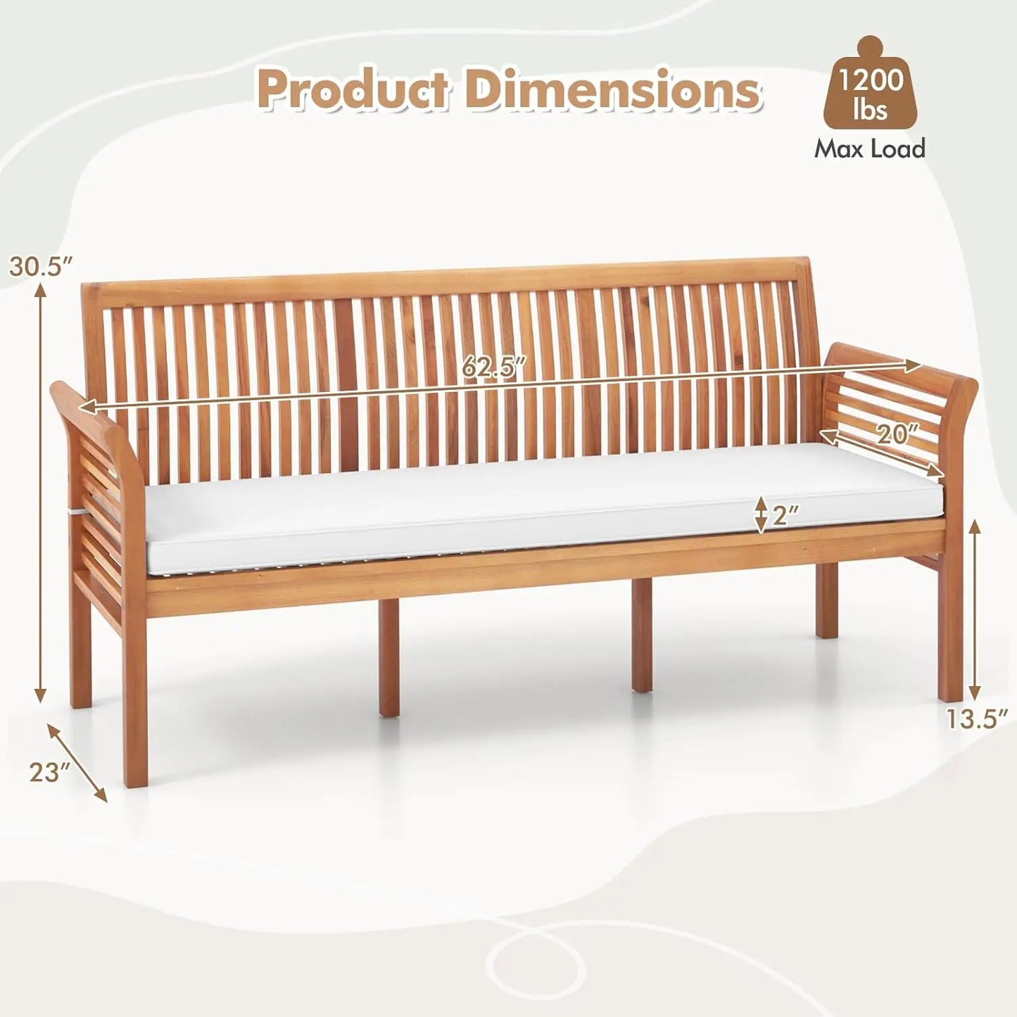 Wooden Outdoor Bench with Cushion Curved Armrest Slatted Back, 23x62.5x30.5,
