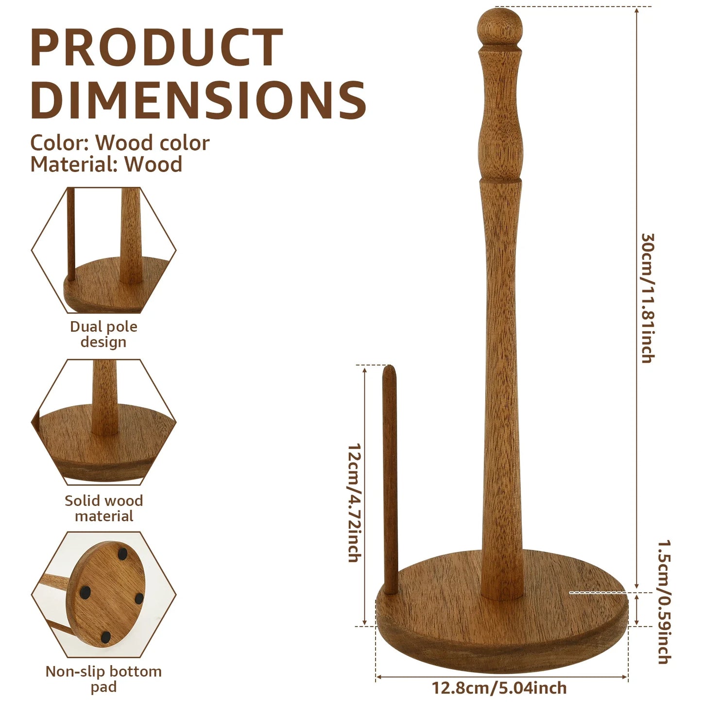 Vertical Wooden Paper Towel Holder – Countertop Roll Organizer with Anti-Skid Base for Kitchen Storage