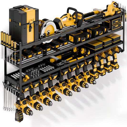 4-Tier 12-Drill Bit Tool Storage Rack Heavy-Duty, Wall-Mounted Screwdriver and Wrenches