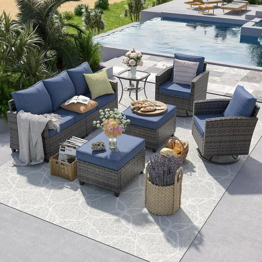 6‑Piece Gray PE Rattan Sectional Sofa Set – Swivel Chair, Side Table & 4" Cushions for Patio/Garden