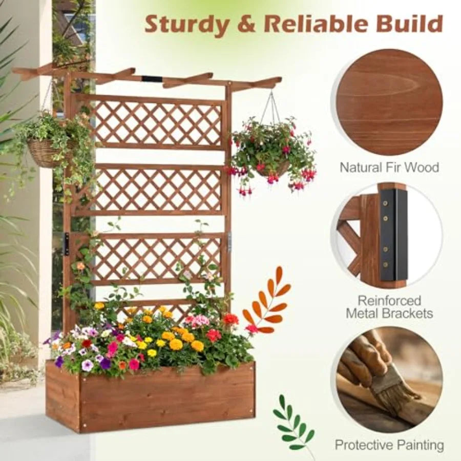 Raised Garden Bed with Trellis 72'' Wooden Planter w/Privacy Screen and Roof  w/Drainage
