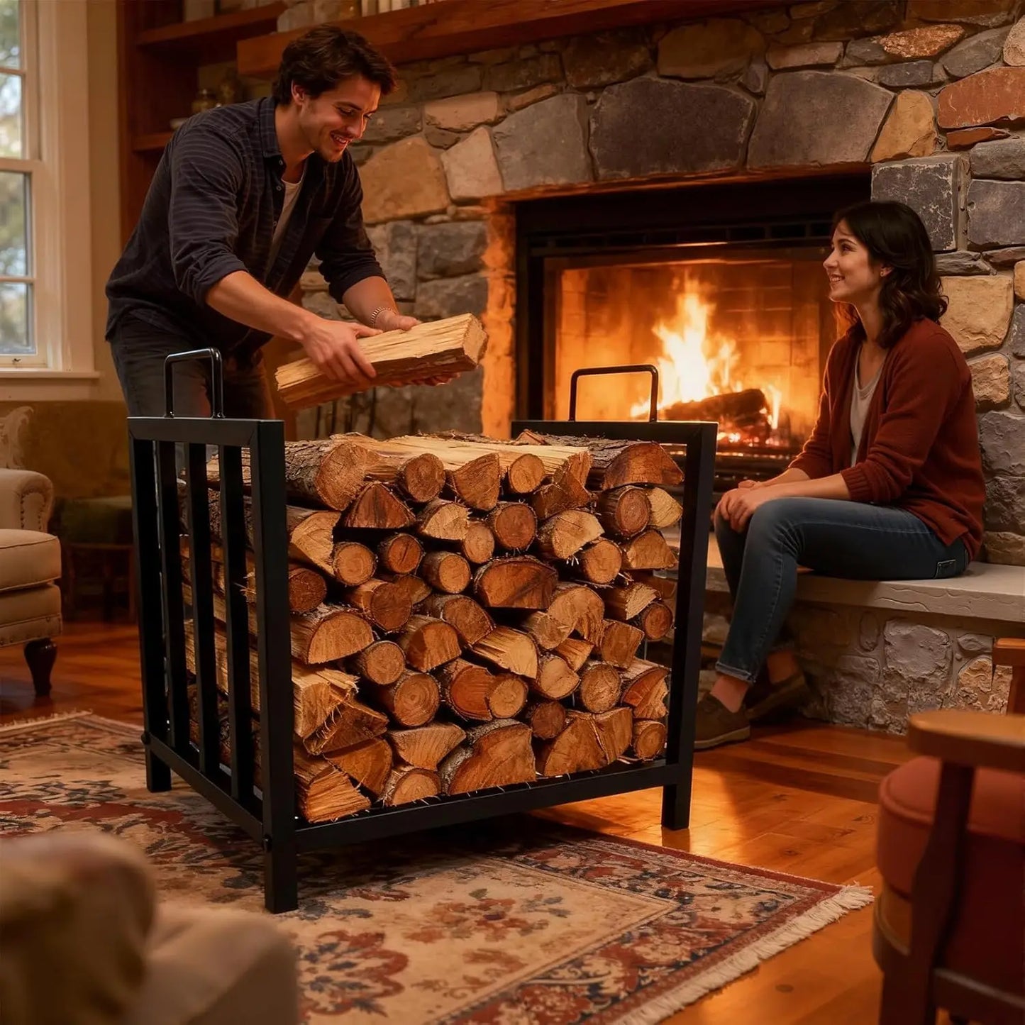 Metal Firewood Shelf with Handles