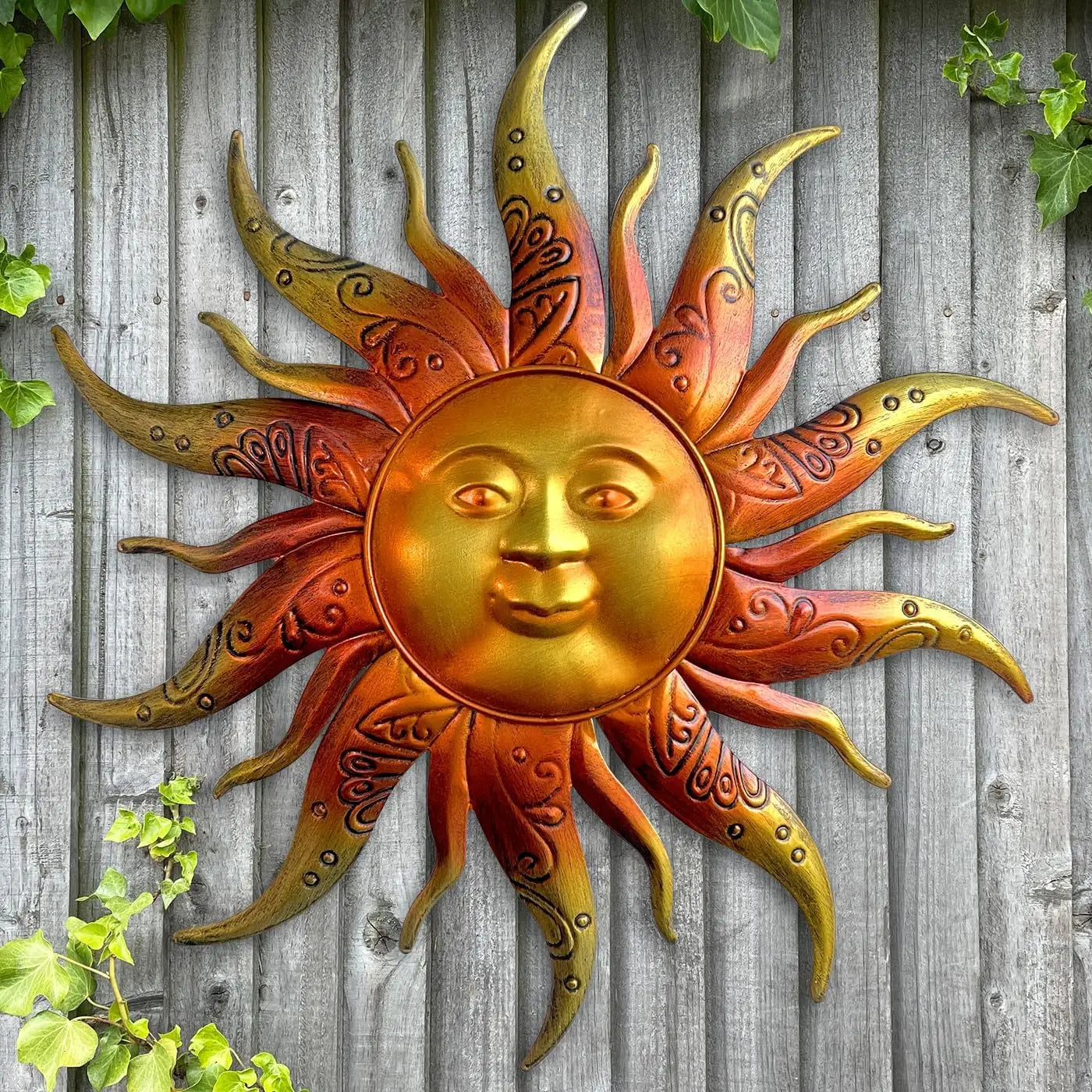 Metal Sun Wall Art Decor - 17" Rustic Retro Ornament for Garden, Patio, Yard, Fence, or Living Room