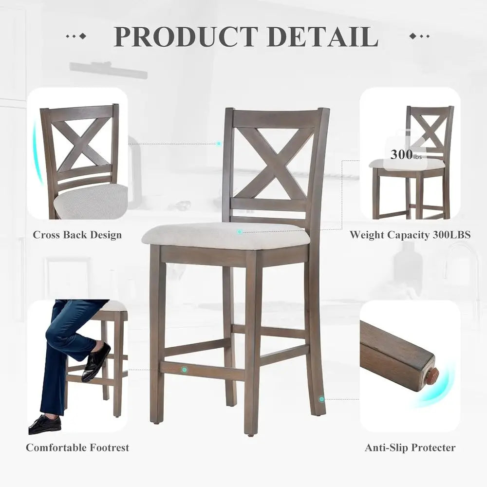 Upholstered Counter Height Bar Stools Set of 4,  with Back and Wood Legs