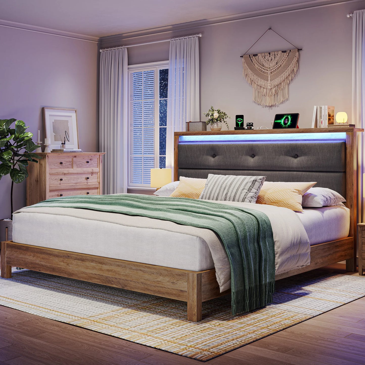 Platform LED Light Bed Frame with Upholstered Headboard with Charging Station, No Box Spring Required
