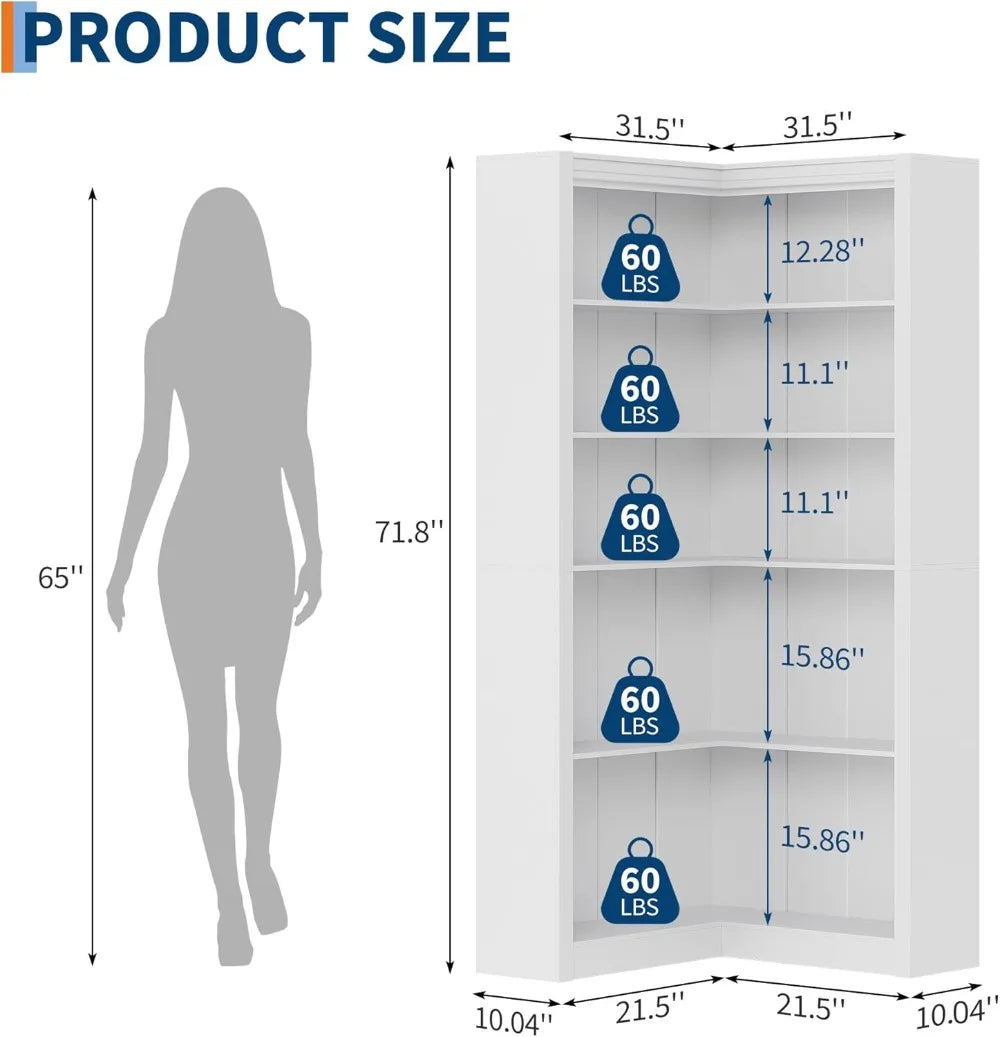 72" L-Shaped Corner Bookshelf | 5-Tier Heavy-Duty Display Storage Shelf