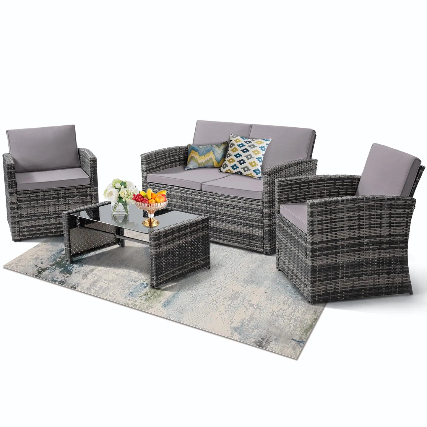 4‑Piece All‑Weather Rattan Sectional Sofa – Outdoor Patio Furniture Set with Cushions & Tempered Glass Table