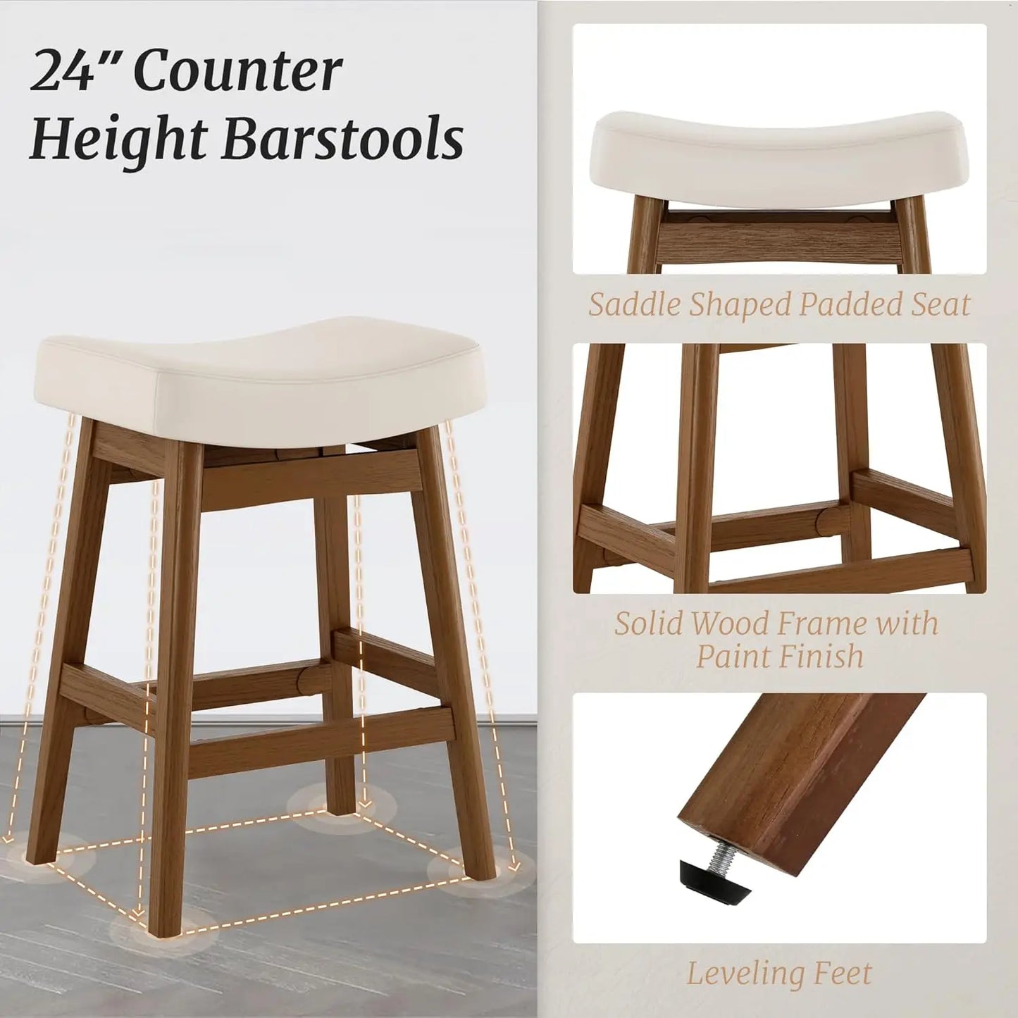 Set of 3 Barstools with Sturdy Wood Legs, Saddle Seat