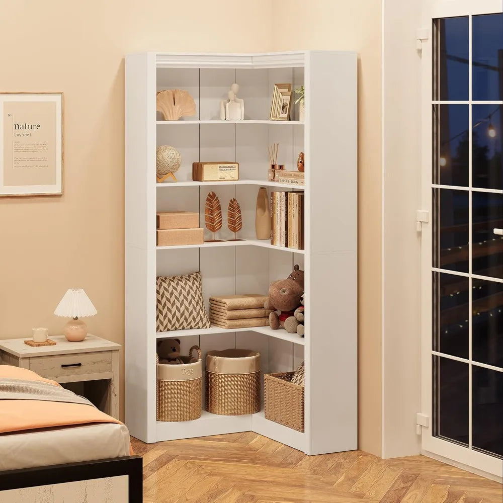72" L-Shaped Corner Bookshelf | 5-Tier Heavy-Duty Display Storage Shelf