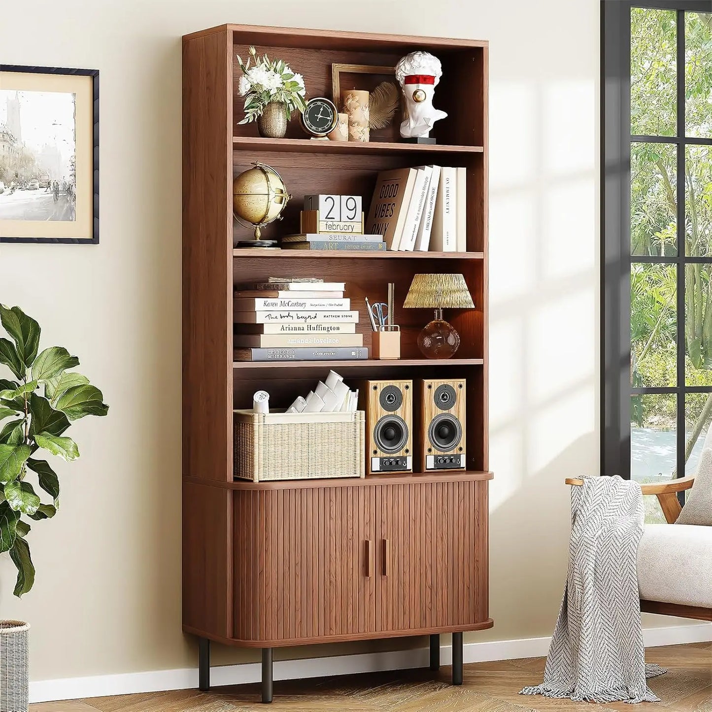71" Mid-Century Modern Walnut Bookshelf | 4-Tier Bookcase with Sliding Door Cabinet