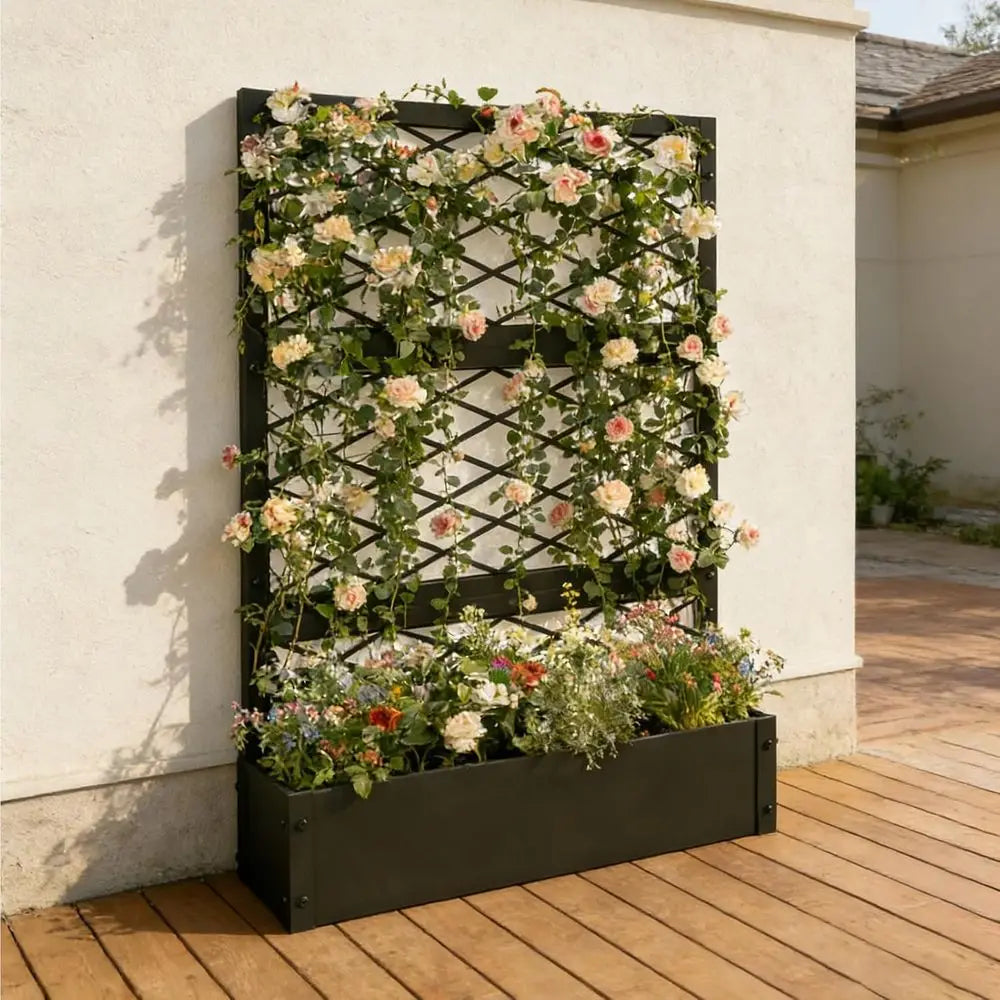 59 inch Metal Planter Planter Box with Privacy Trellis and Drainage Hole