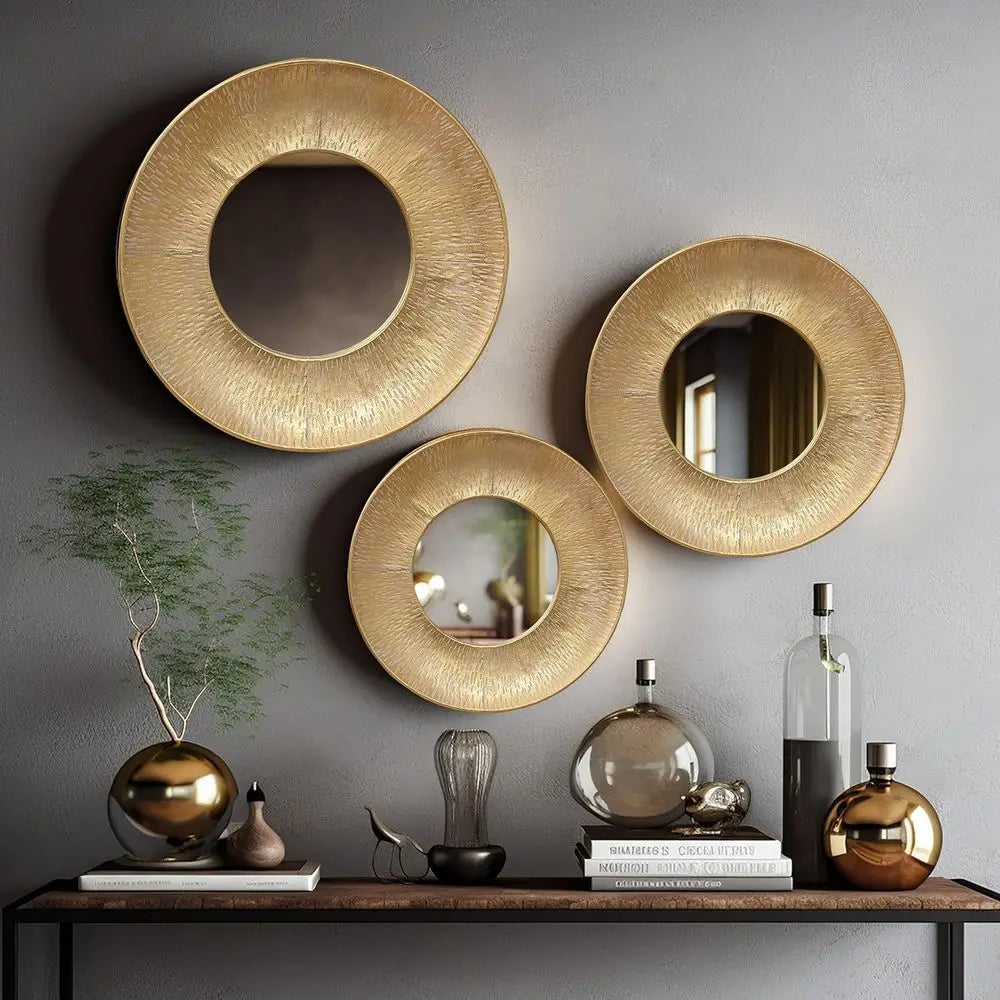 Seraphina Boho Gold Metal Round Wall Mirror Set – 3-Piece