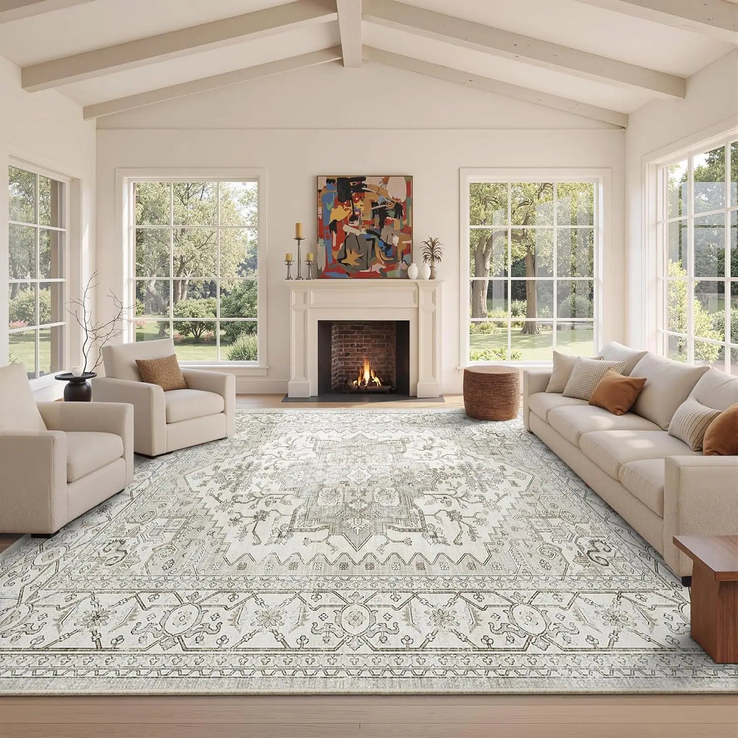 8x10 Washable Area Rug, Stain Resistant, Non-Slip, Beige