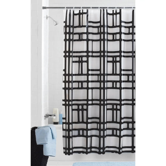 Black shower curtain, 70 inches x 72 inches, geometric design, frosted finish.