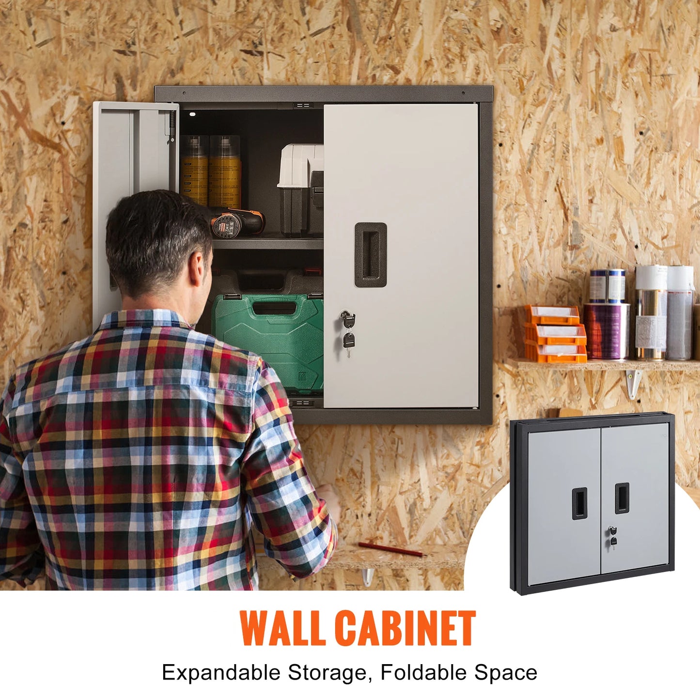Metal Garage Cabinet with Mounted Tool Chest, Adjustable Shelf and Magnetic Door