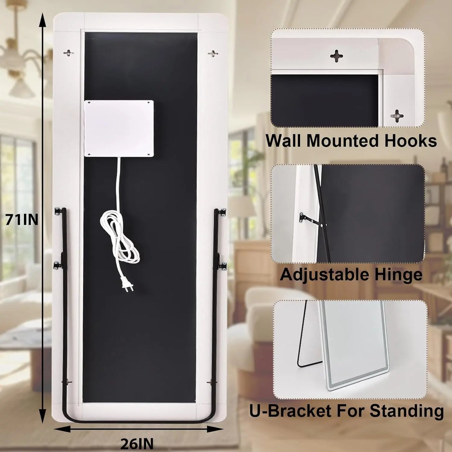 26×71" LED Full‑Length Mirror – Dimmable with 3‑Color Lighting Modes