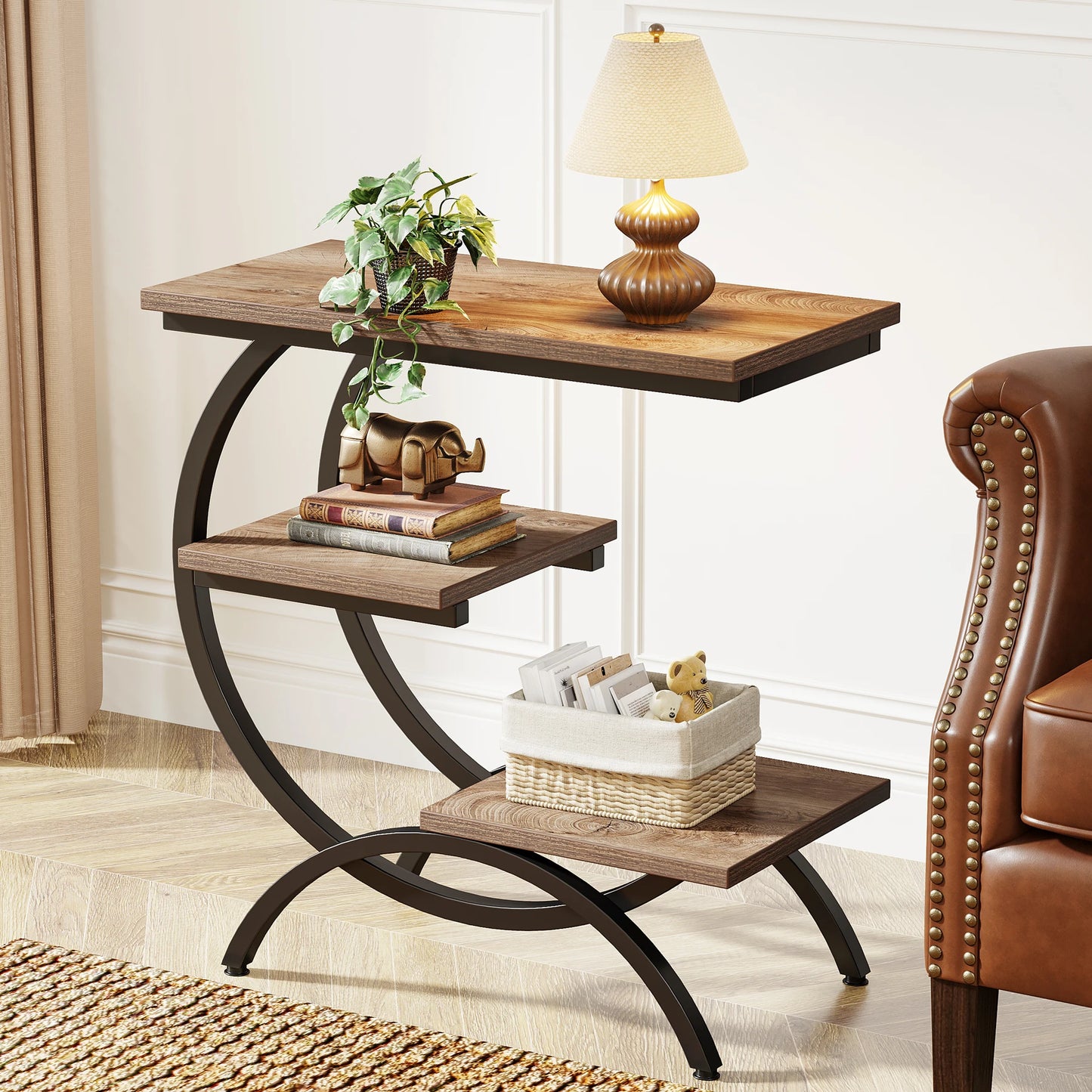 C-Shaped End Table, 3-Tier Small Table for Couch