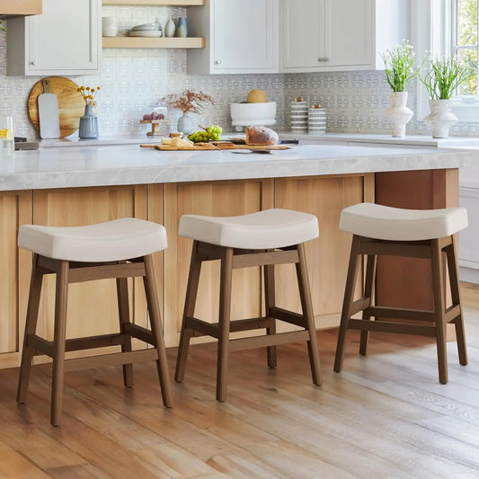 Set of 3 Barstools with Sturdy Wood Legs, Saddle Seat