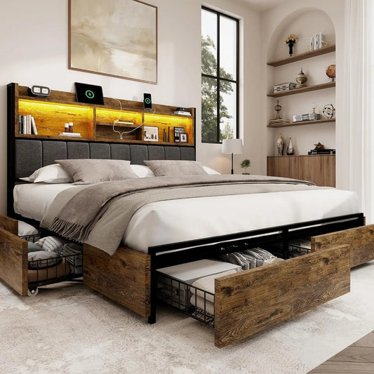 Queen Bed Frame with 6 Storage Drawers, Linen Upholstered Headboard, Built-in USB Charging Station & LED Lighting