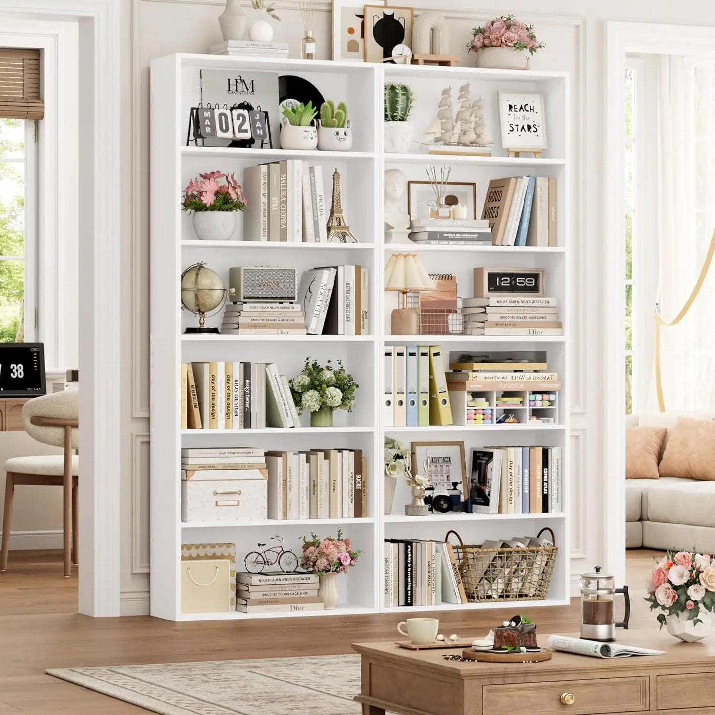 6-Tier Freestanding Open Bookcase Set | 2-Pack Tall Display Storage Shelves