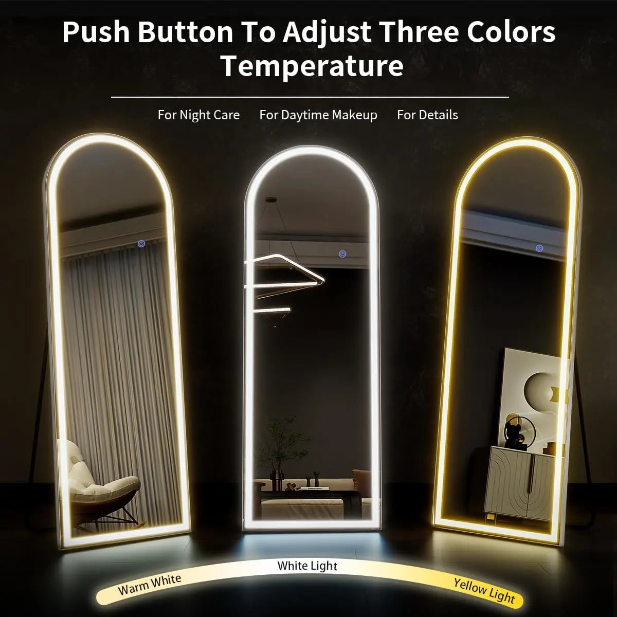 63×20" Arched Full‑Length Mirror with LED Lights – Dimmable & 3‑Color Modes