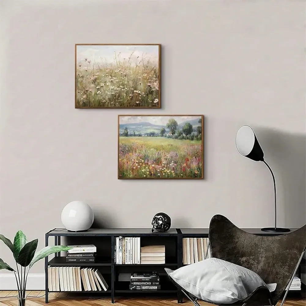 Framed Vintage Wildflower Wall Art Retro Botanical Floral Prints Country Field Landscape