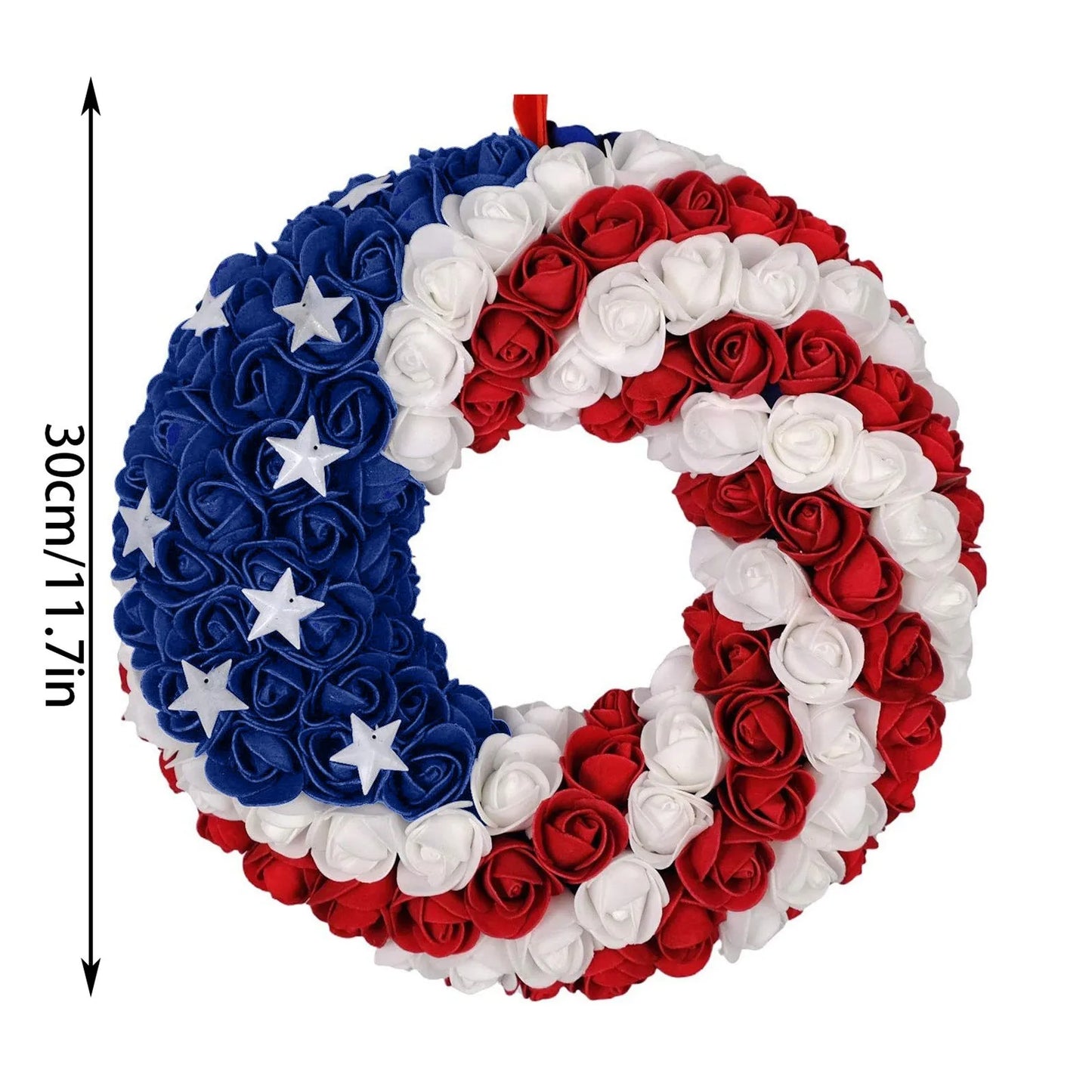 4th of July Rose Floral Wreath – American Flag Star Front Door Patriotic Garland