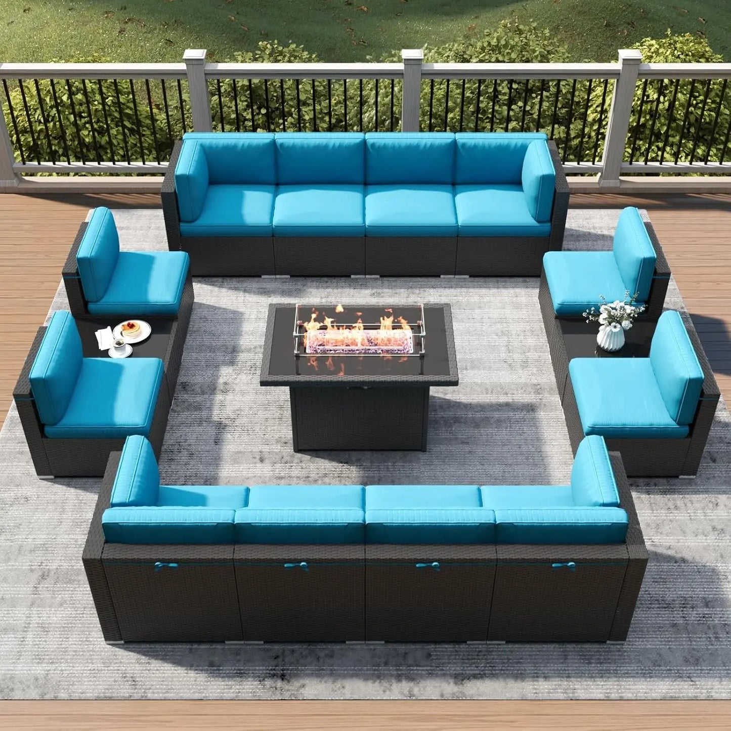 15‑Piece Rattan Wicker Patio Furniture Set – Outdoor Seating Set with Fire Pit Table
