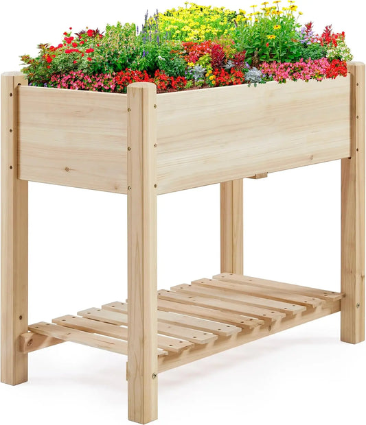Elevated Wooden Garden Bed with Storage Shelf, 34x18x30in