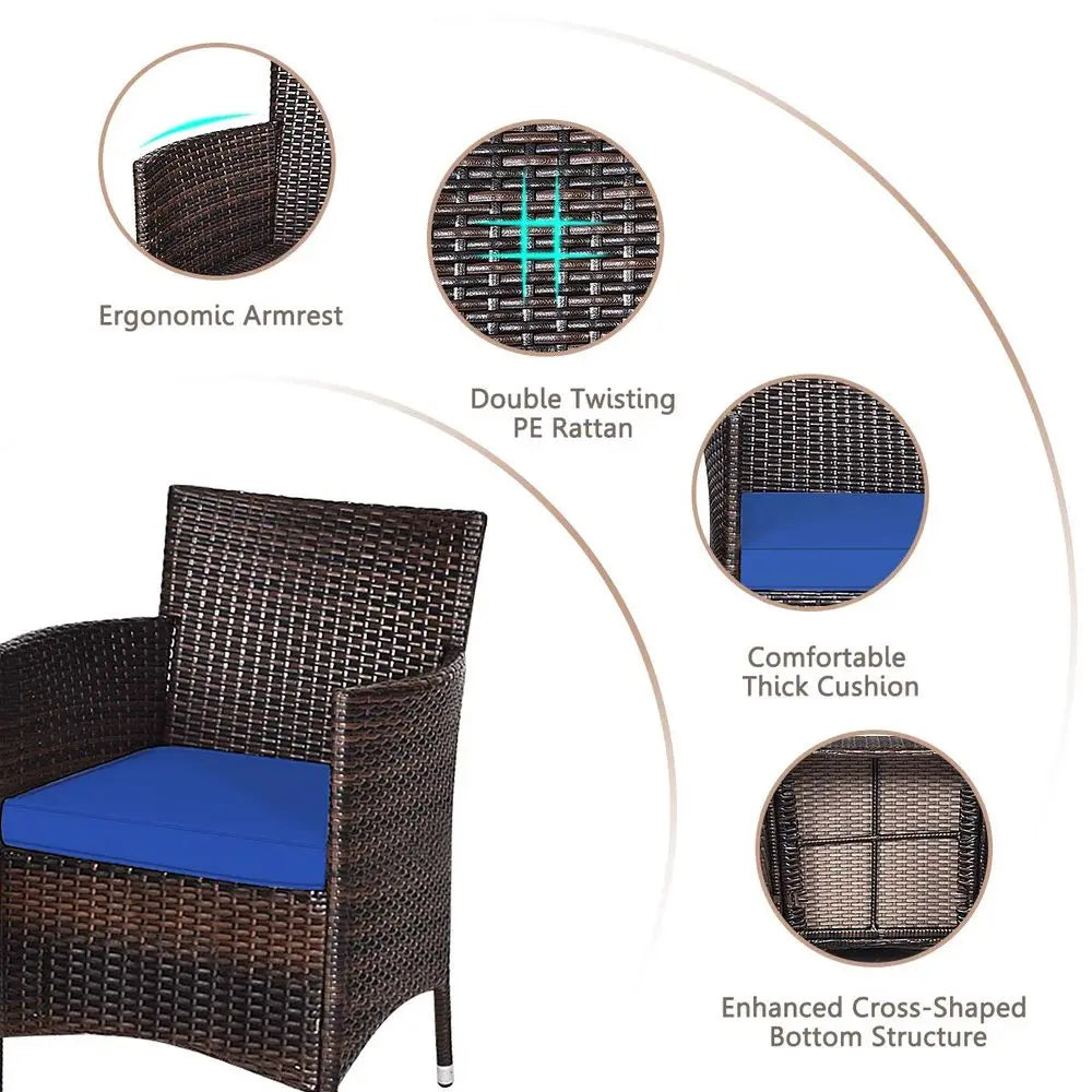 3‑Piece Rattan Patio Furniture Set – Two Wicker Chairs & Tempered Glass Coffee Table