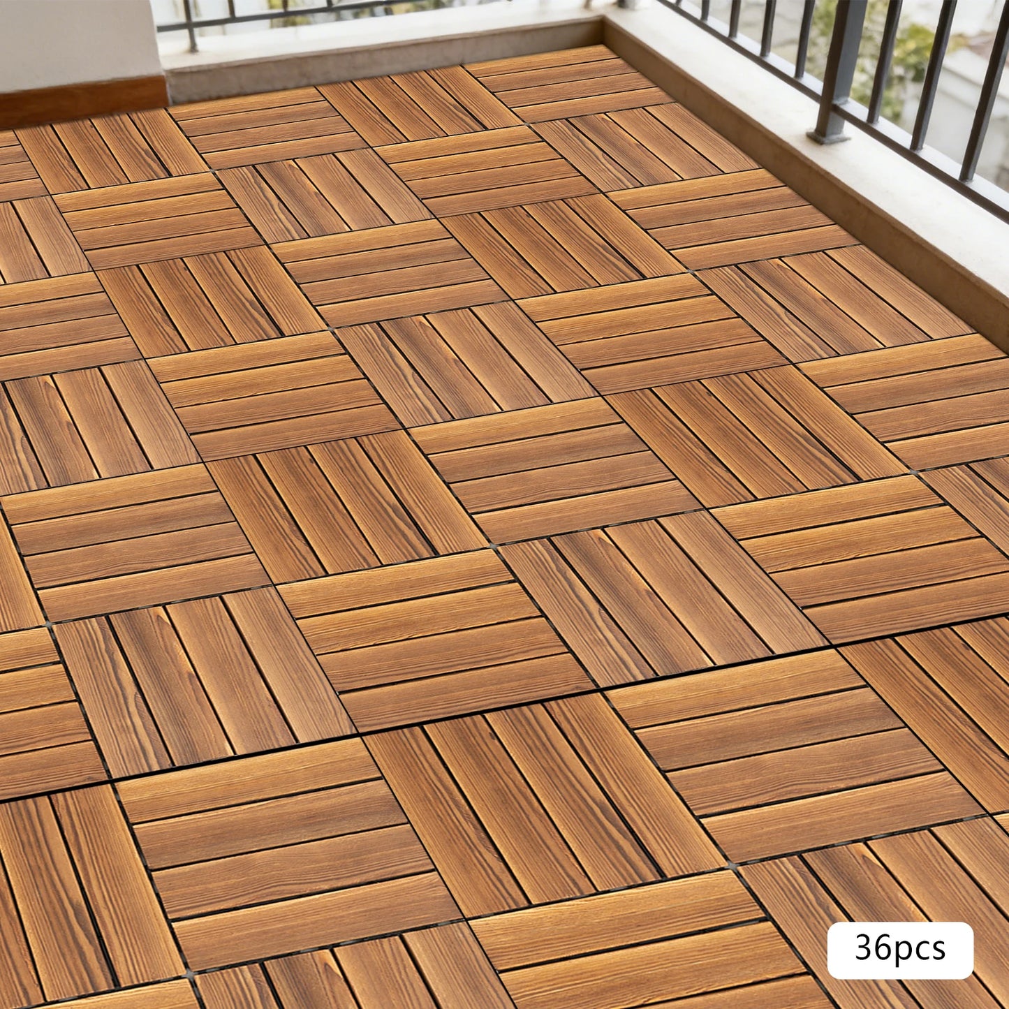 36‑Pack 12" x 12" Hardwood Interlocking Patio Deck Tiles – Natural Wood Outdoor Flooring for Patios, Balconies & Walkways