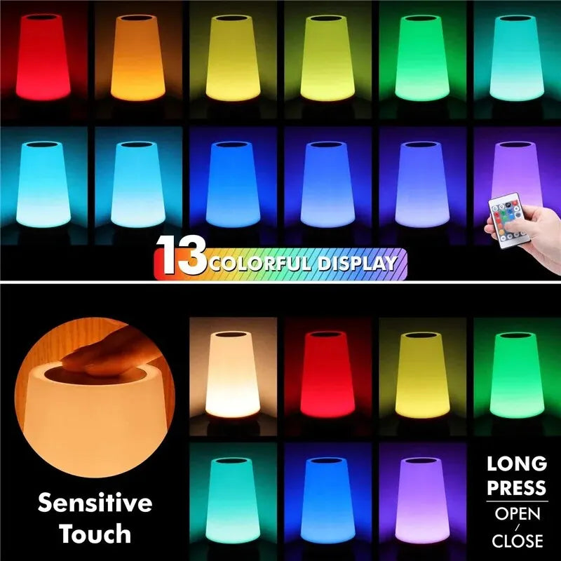 13‑Color Changing Night Light – Touch & Remote Control, USB Rechargeable, Dimmable
