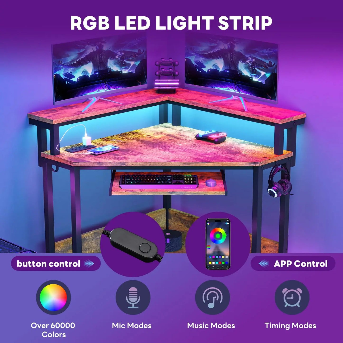Corner Desk for Small Space with LED Lights