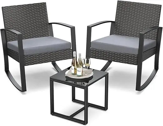 3‑Piece Outdoor Rocking Bistro Set – Rattan Conversation Chairs with Coffee Table for Balcony, Garden & Poolside