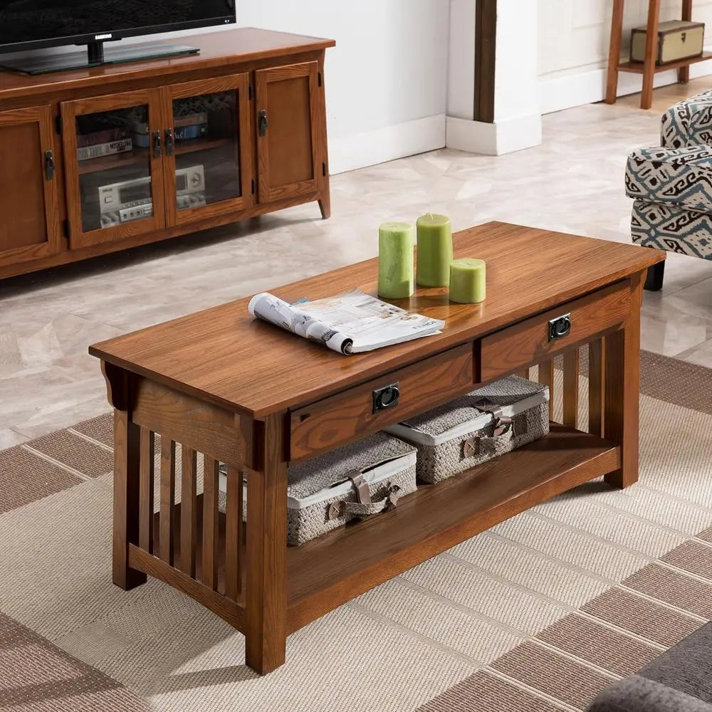 Mission Impeccable Coffee Table - Solid Wood with 2 Drawers & Shelf