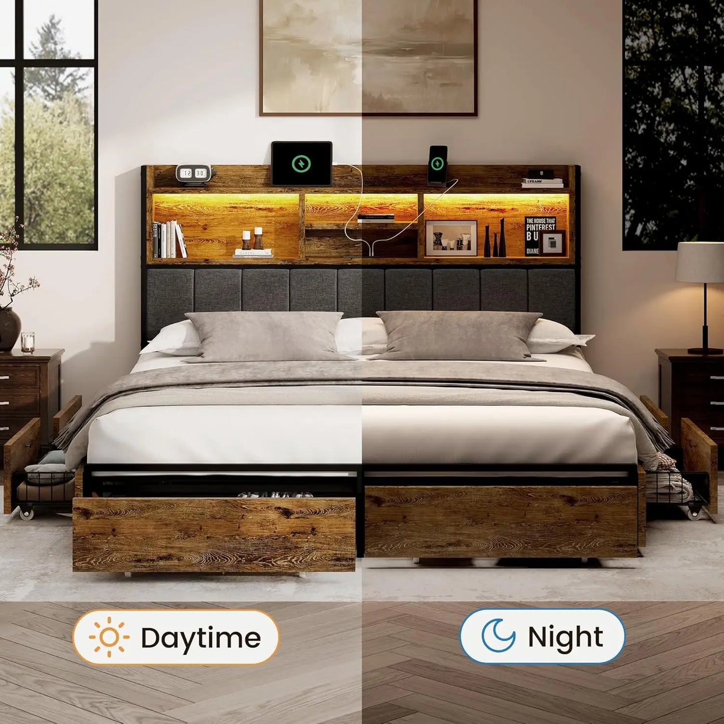 Queen Bed Frame with 6 Storage Drawers, Linen Upholstered Headboard, Built-in USB Charging Station & LED Lighting